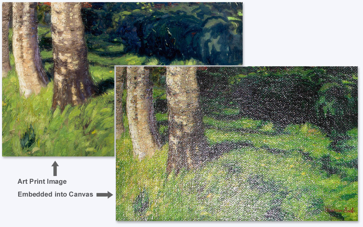 Art print image before and after being embedded into canvas