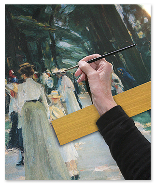 Using a maulboard to support the brush hand when creating a replica painting