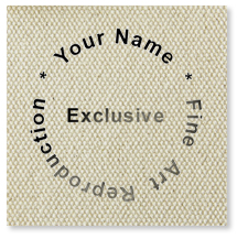 Endorsing stamp applied to the back of a painting reproduction canvas with informative information.