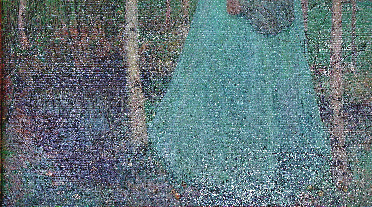 Close-up section of an art print image embedded into canvas with added brushwork