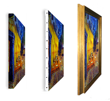 Three ways of mounting and displaying a canvas reproduction